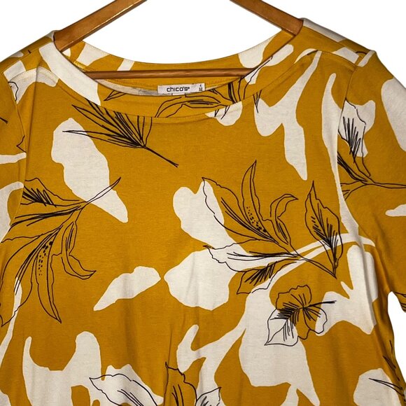 Chicos Mustard Yellow White Floral Short Sleeve Size XXL (4) 100% Pima Cotton - Picture 1 of 16